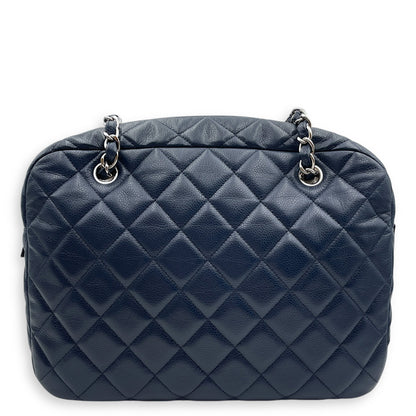 Cc Quilted Camera Bag 30x22x9cm Navy Blue Shoulder Bag in Caviar Leather, Silver hardware