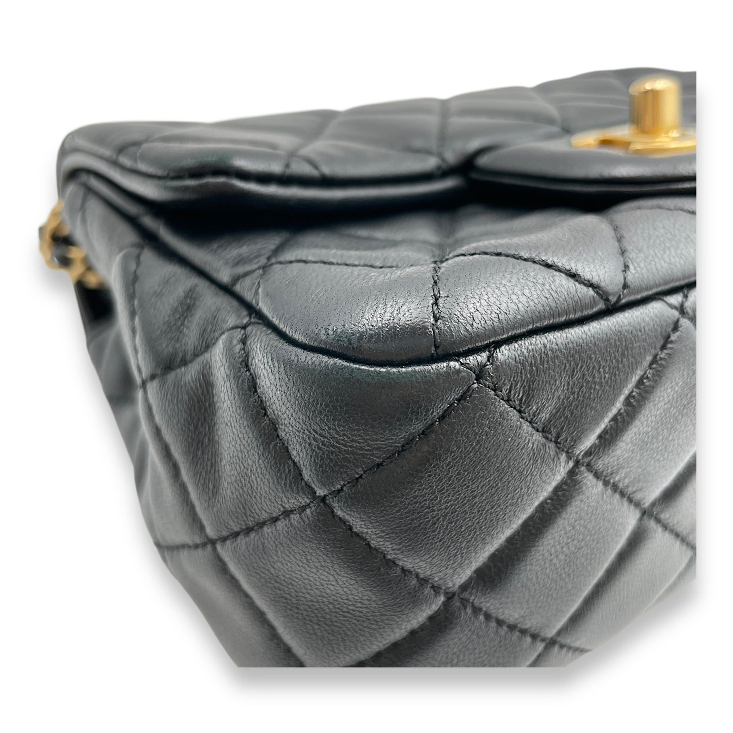 Pearl Crush Mini Square Black Crossbody Bag in Lambskin, Gold hardware