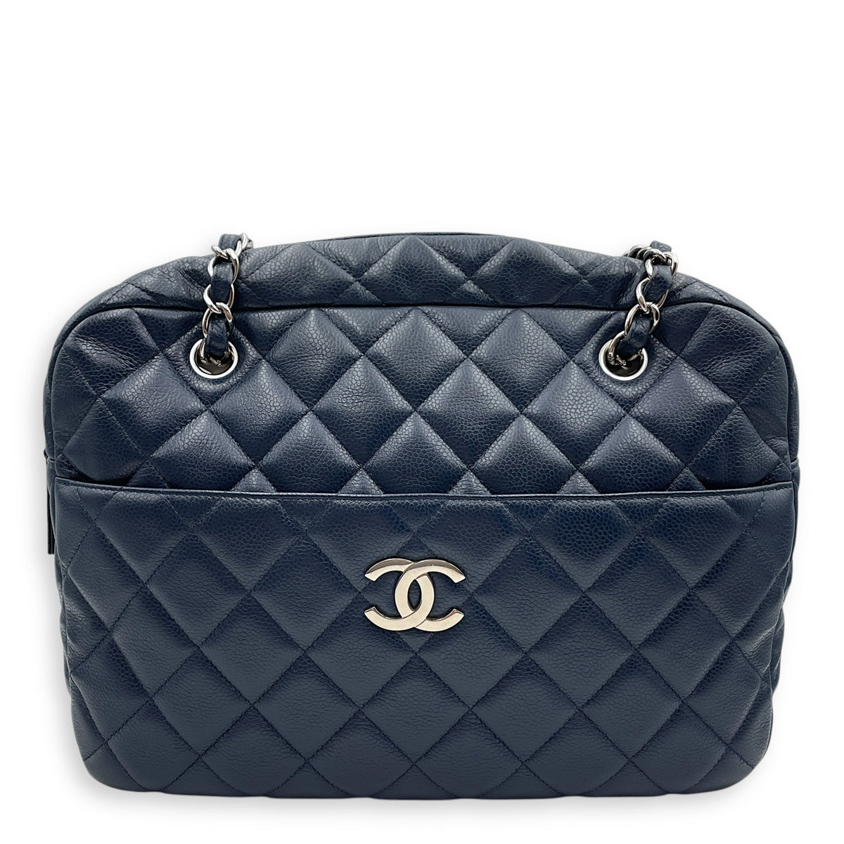 Cc Quilted Camera Bag 30x22x9cm Navy Blue Shoulder Bag in Caviar Leather, Silver hardware