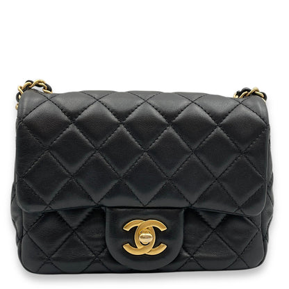 Pearl Crush Mini Square Black Crossbody Bag in Lambskin, Gold hardware