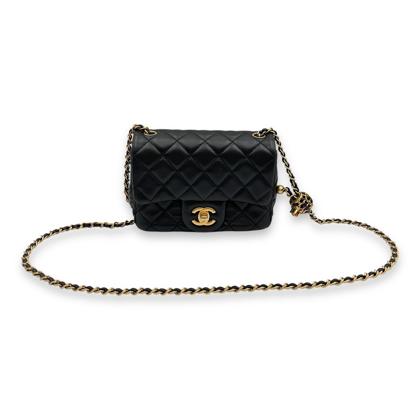 Pearl Crush Mini Square Black Crossbody Bag in Lambskin, Gold hardware