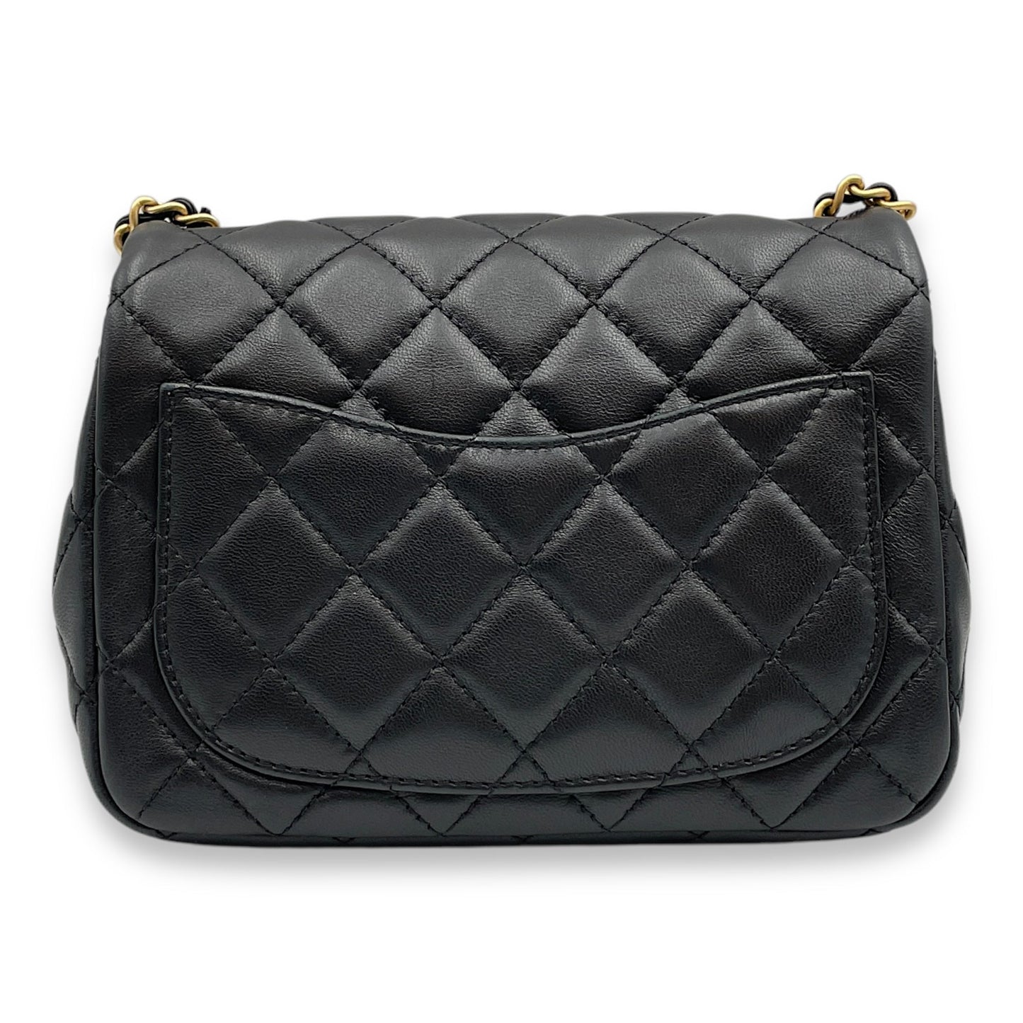 Pearl Crush Mini Square Black Crossbody Bag in Lambskin, Gold hardware