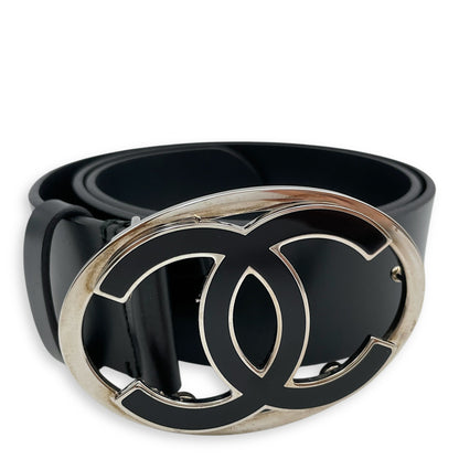 11V CC Oval Buckle 75/30 Black Belt in Calfskin, Silver hardware