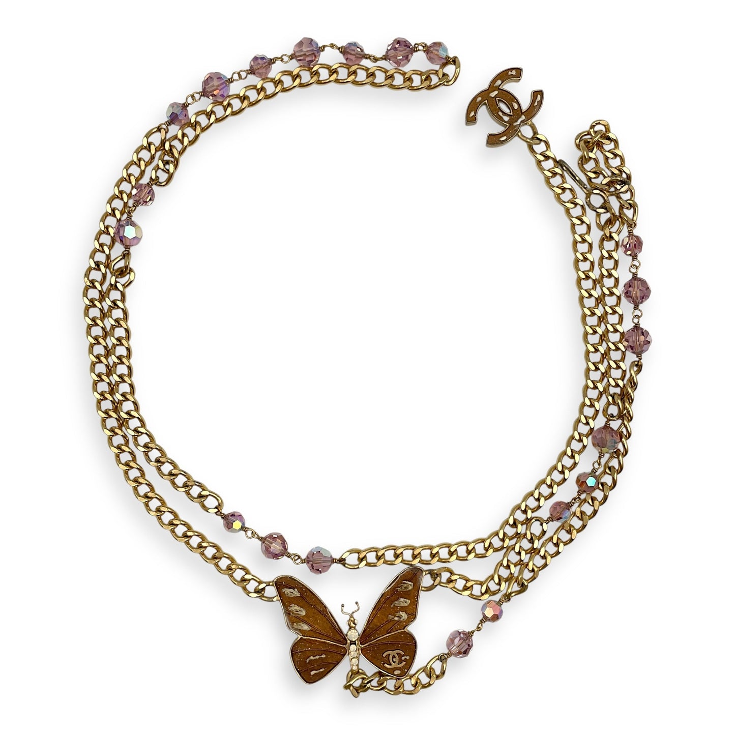 07P Mauve Butterfly Brown Chain Belt in Resins, Beads, Gold hardware