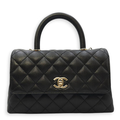 Quilted Coco Handle (23cm) Small Black Crossbody Bag in Caviar Leather, Gold hardware