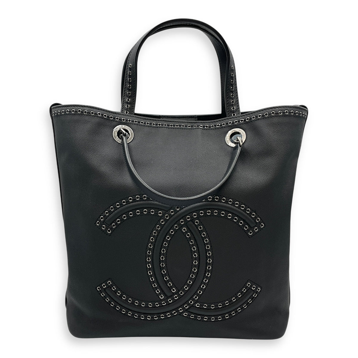 Coco Eyelets Vertical Black Tote Bag in Calfskin, Ruthenium hardware