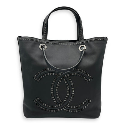 Coco Eyelets Vertical Black Tote Bag in Calfskin, Ruthenium hardware