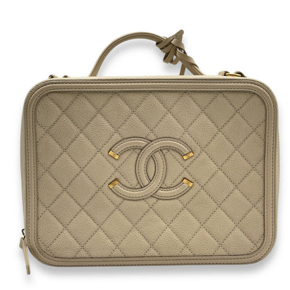 Filigree Vanity 24x18x9.5cm Beige Shoulder Bag in Caviar, Gold hardware
