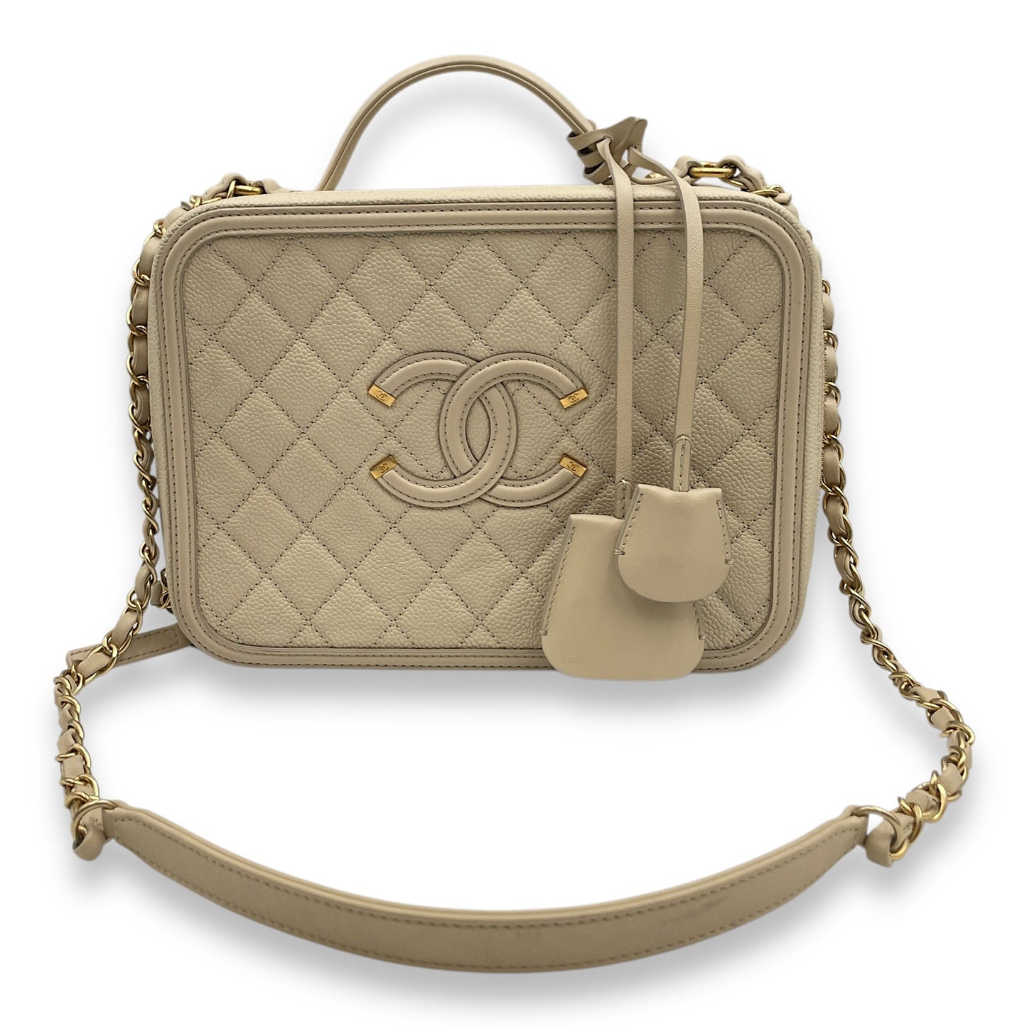 Filigree Vanity 24x18x9.5cm Beige Shoulder Bag in Caviar, Gold hardware