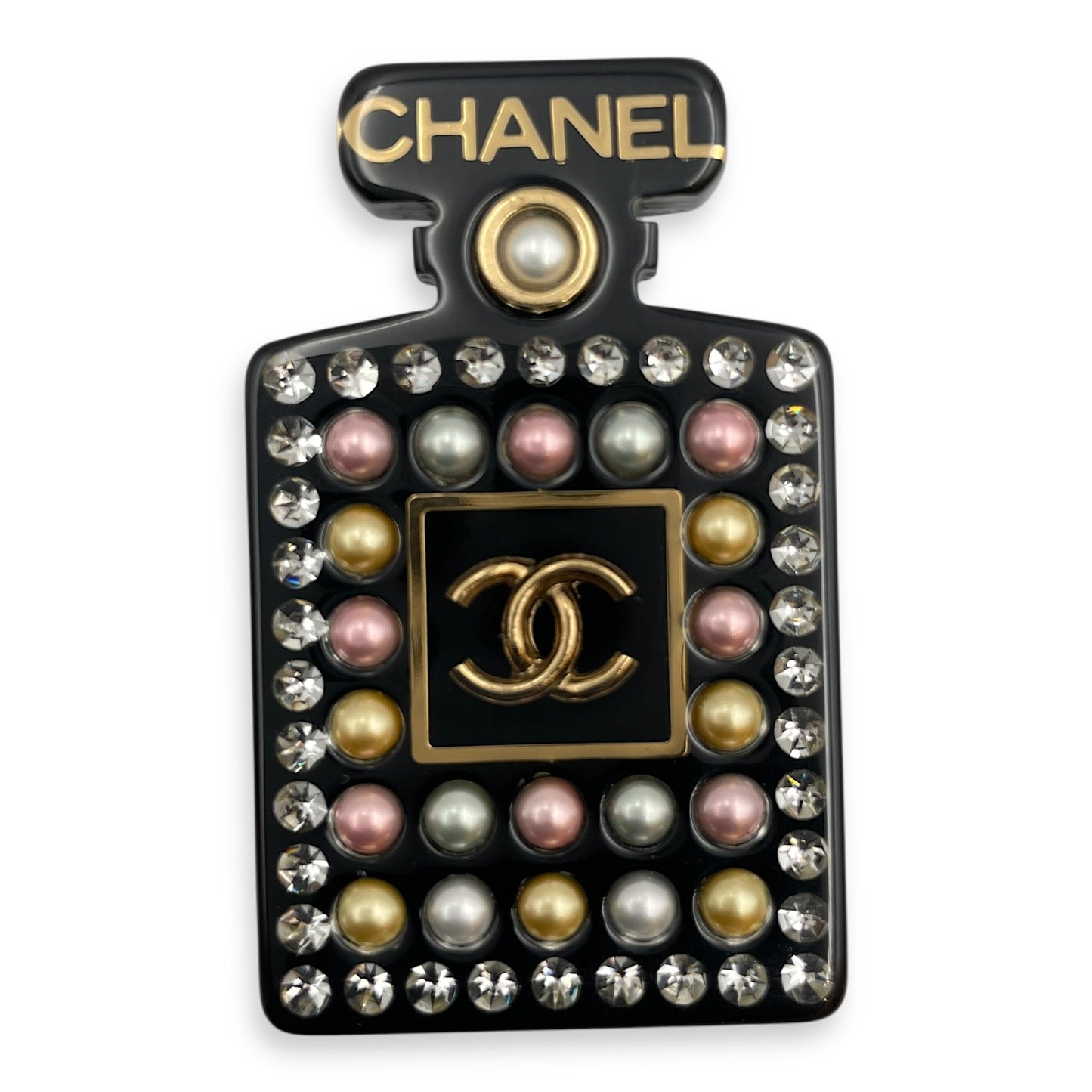 21P Perfume Bottle Multi-colour Brooch in Pearls, Crystals, Resin, Gold hardware