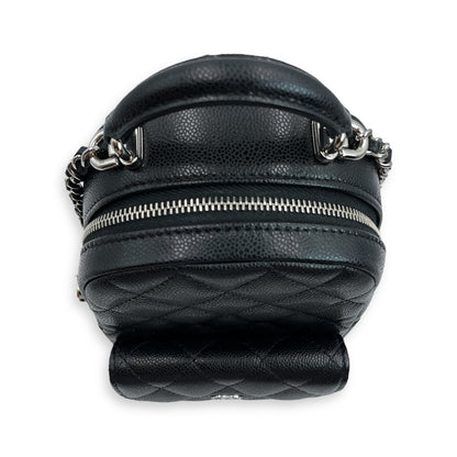 Quilted Mini Black Backpack in Caviar, Silver hardware