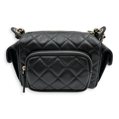 Camera Small Black Shoulder Bag in Lambskin, Gold hardware