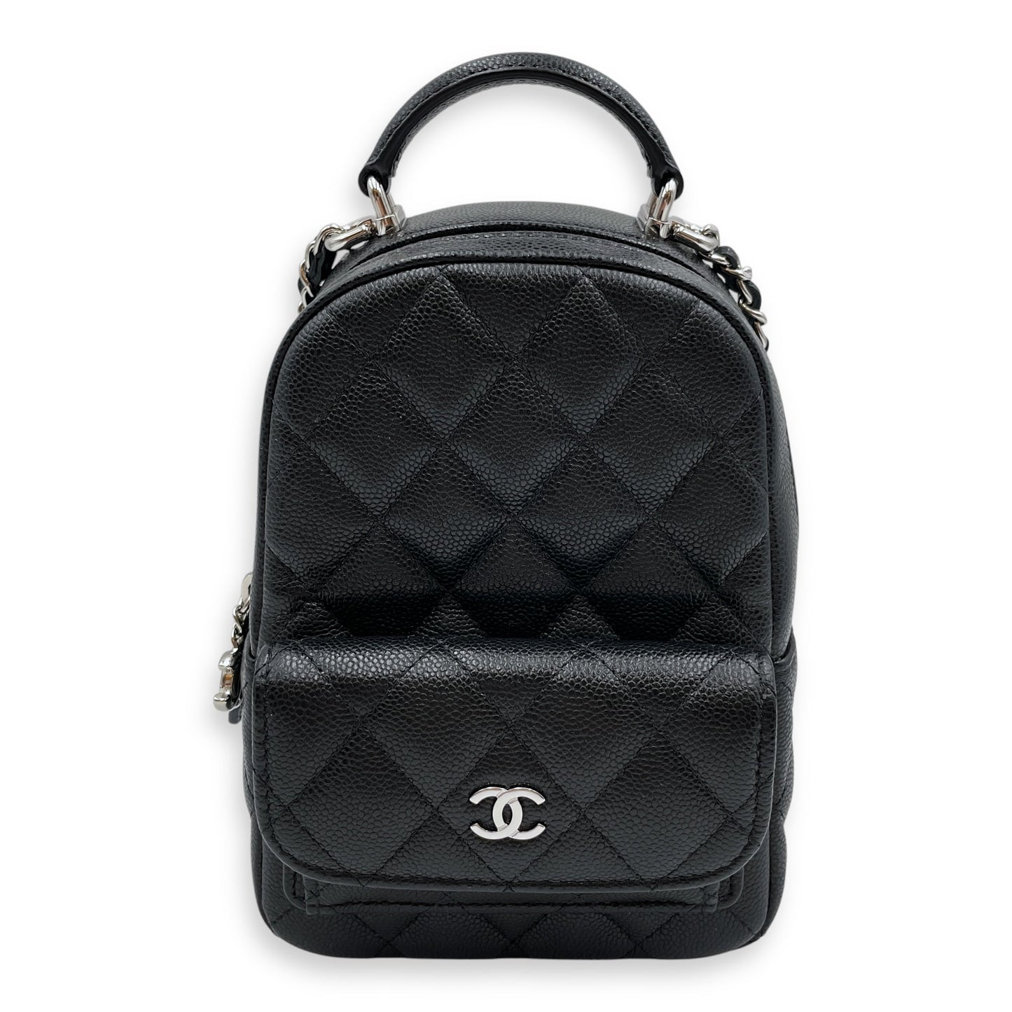 Quilted Mini Black Backpack in Caviar, Silver hardware