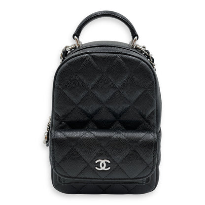 Quilted Mini Black Backpack in Caviar, Silver hardware