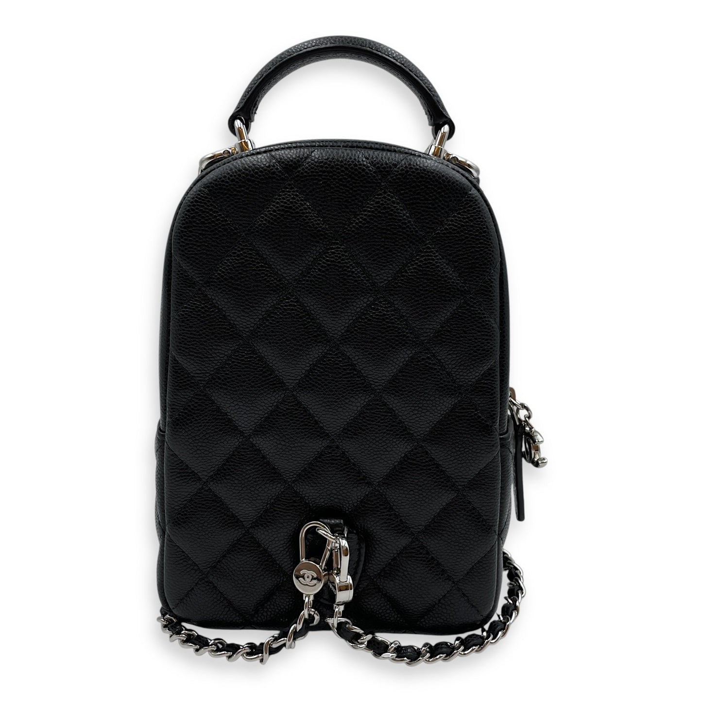 Quilted Mini Black Backpack in Caviar, Silver hardware