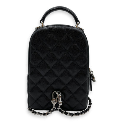 Quilted Mini Black Backpack in Caviar, Silver hardware