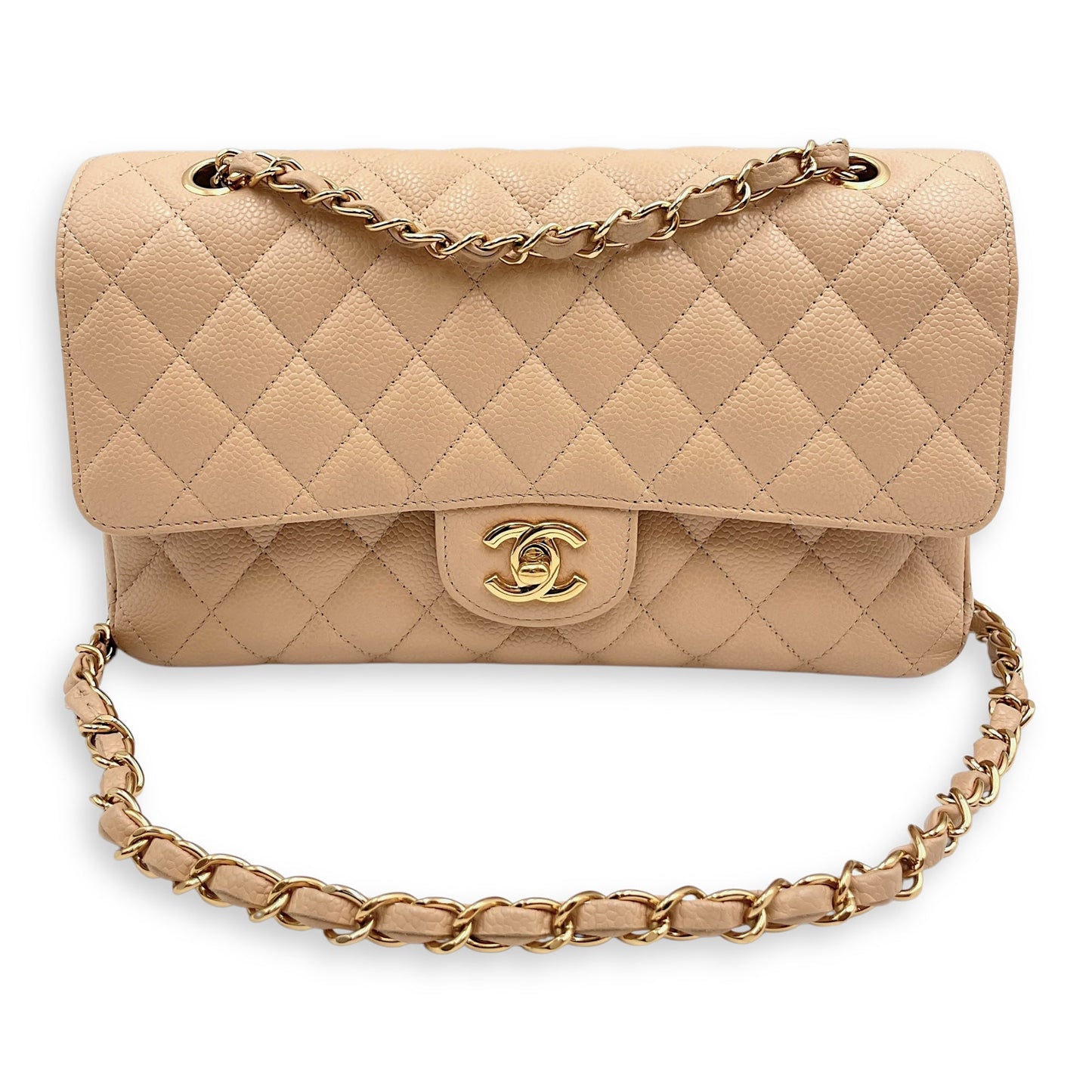 Medium Classic 27 Beige Shoulder Bag in Caviar, Gold hardware