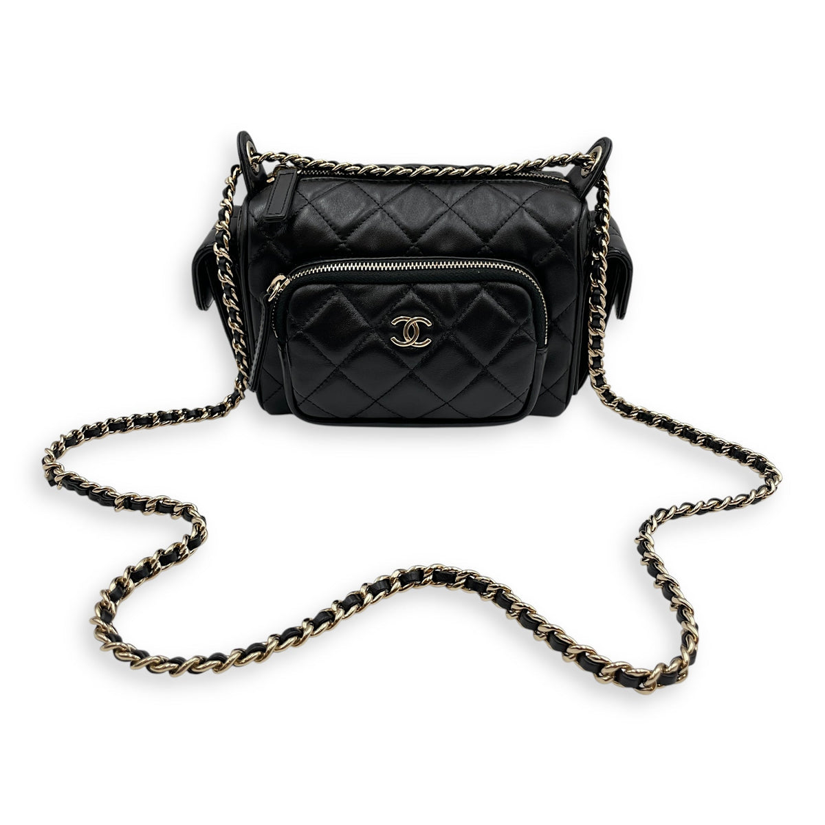 Camera Small Black Shoulder Bag in Lambskin, Gold hardware
