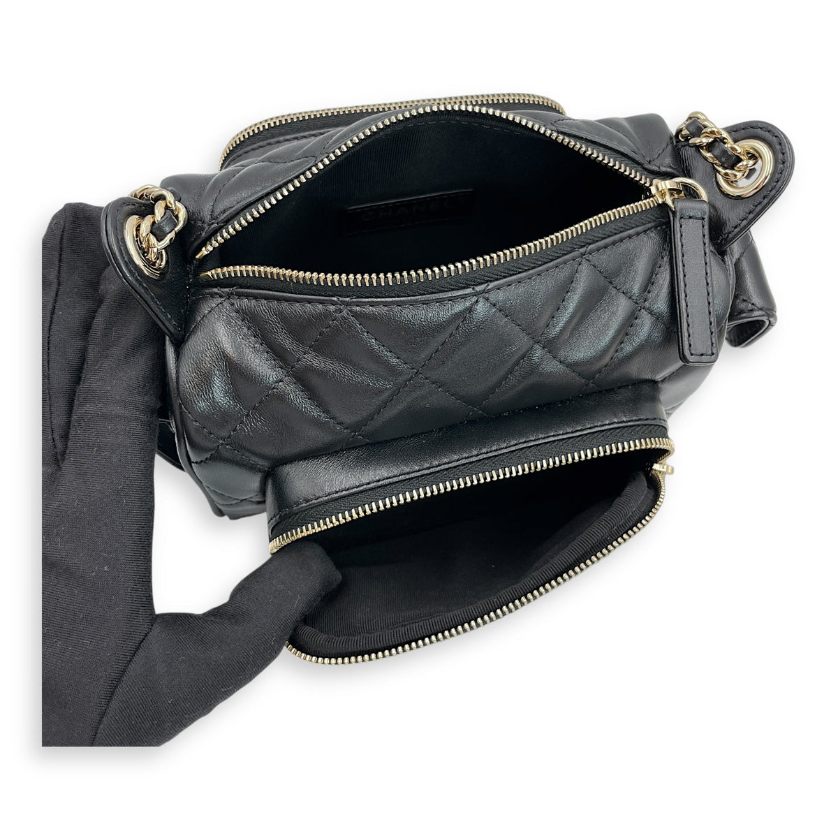 Camera Small Black Shoulder Bag in Lambskin, Gold hardware