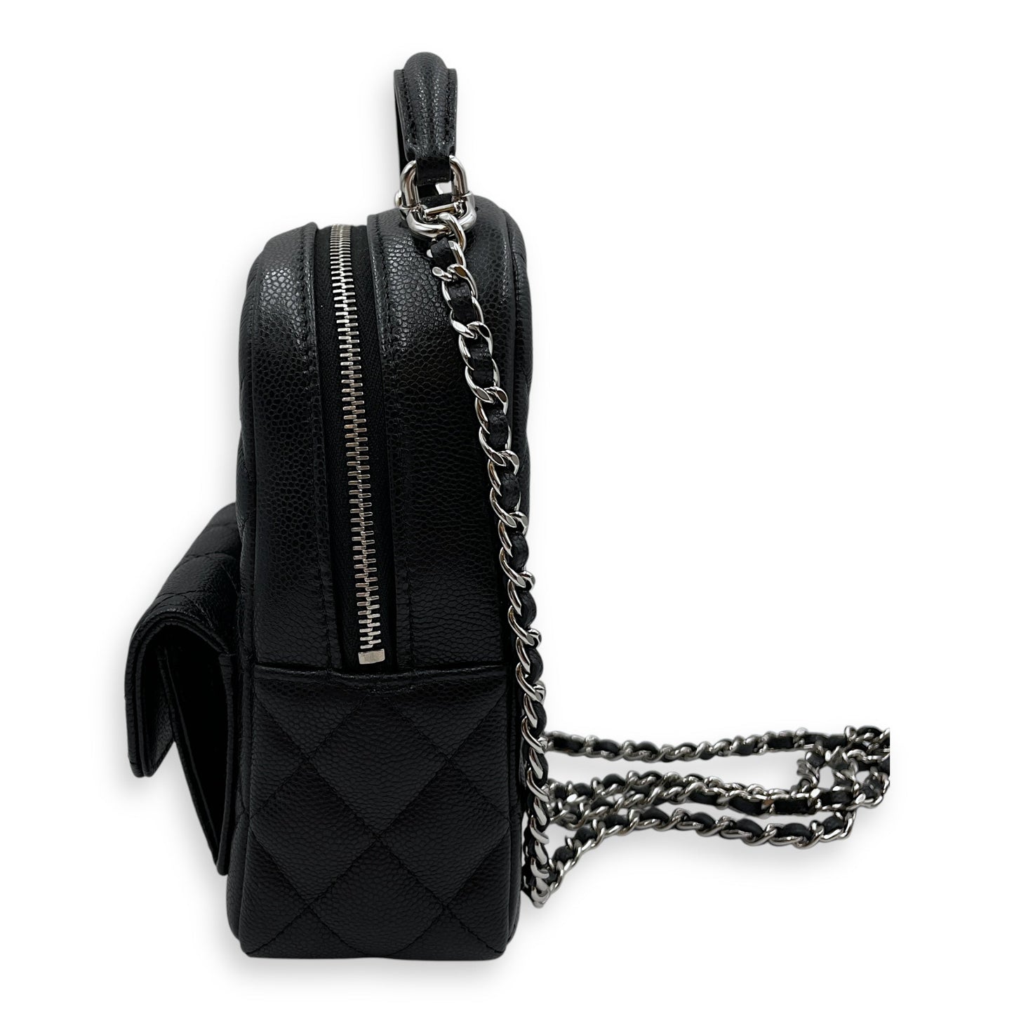 Quilted Mini Black Backpack in Caviar, Silver hardware