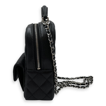 Quilted Mini Black Backpack in Caviar, Silver hardware