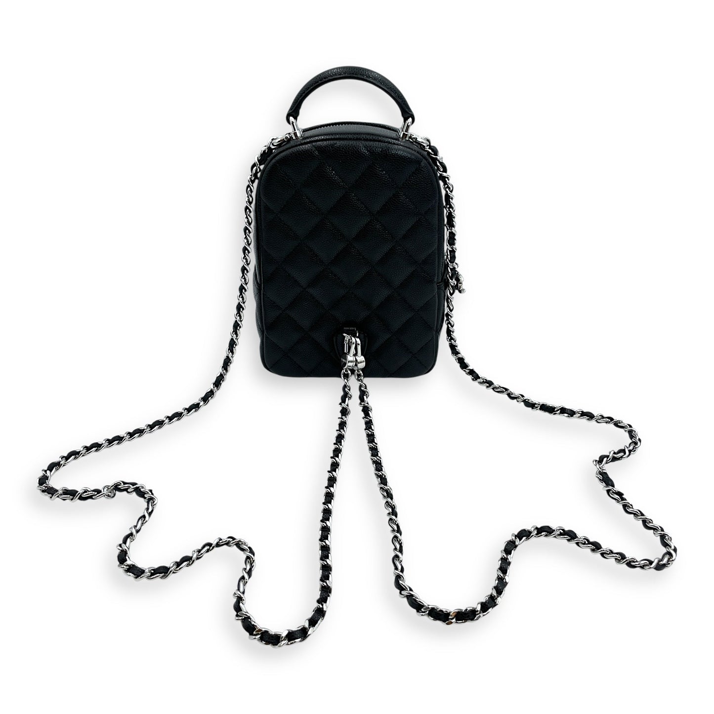 Quilted Mini Black Backpack in Caviar, Silver hardware