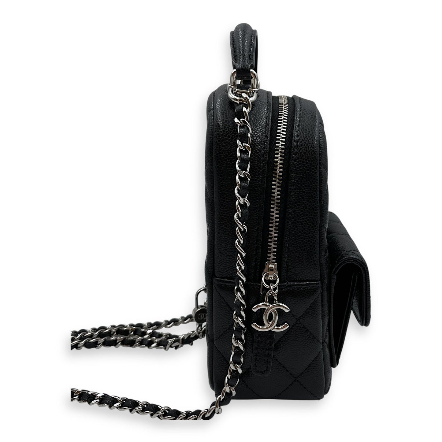 Quilted Mini Black Backpack in Caviar, Silver hardware