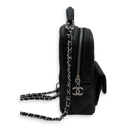 Quilted Mini Black Backpack in Caviar, Silver hardware