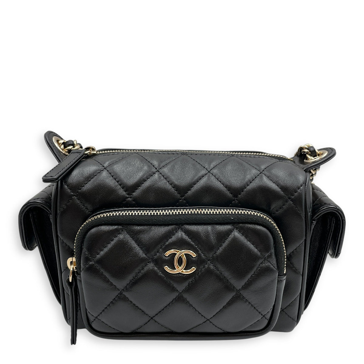 Camera Small Black Shoulder Bag in Lambskin, Gold hardware