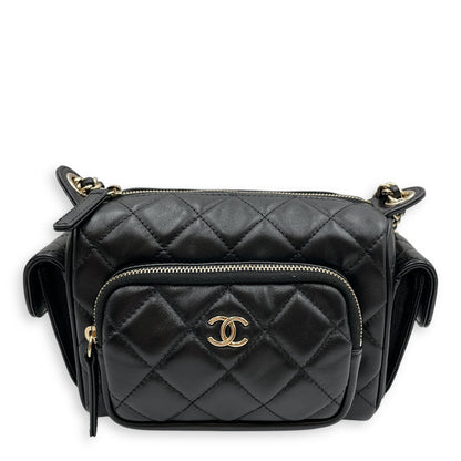 Camera Small Black Shoulder Bag in Lambskin, Gold hardware