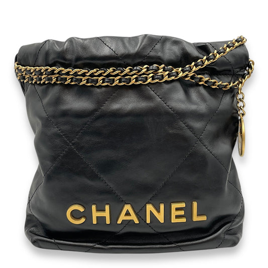 22 Tote Mini Black Crossbody Bag in Shiny Calf, Gold hardware