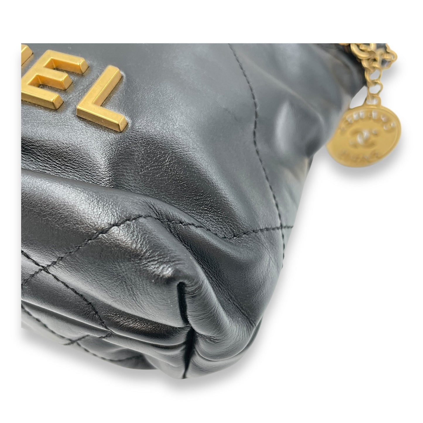 22 Tote Mini Black Crossbody Bag in Shiny Calf, Gold hardware