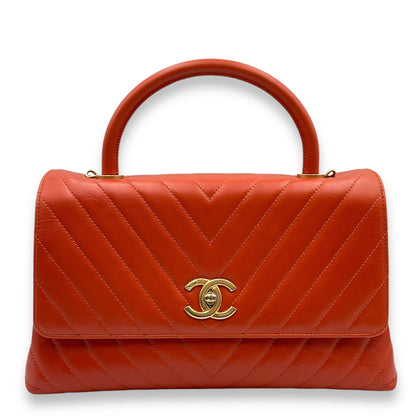 Chevron Coco Handle (28cm) Medium Orange Shoulder Bag in Calfskin, Gold hardware