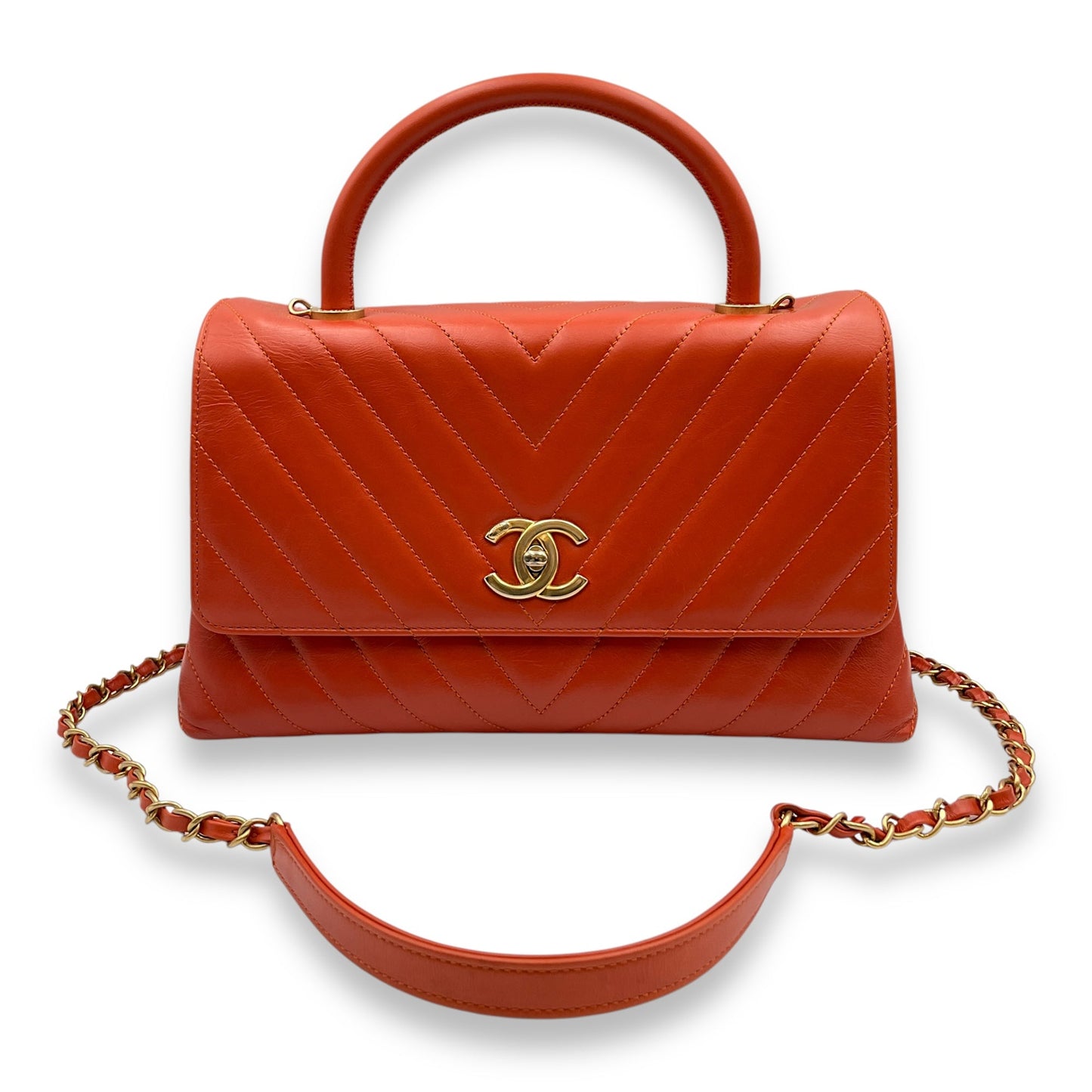 Chevron Coco Handle (28cm) Medium Orange Shoulder Bag in Calfskin, Gold hardware