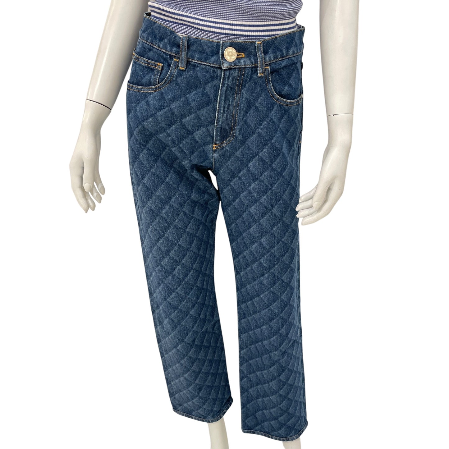 22B 36 Blue Quilted Print Skinny Jeans in Cotton, Polyester, Gold hardware