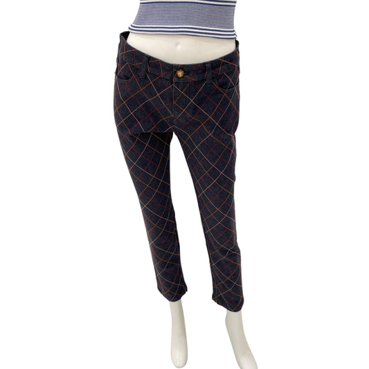 17A 38 Blue Quilted Stretch Jeans with Leo Buttons in Cotton, Spandex, Gold hardware