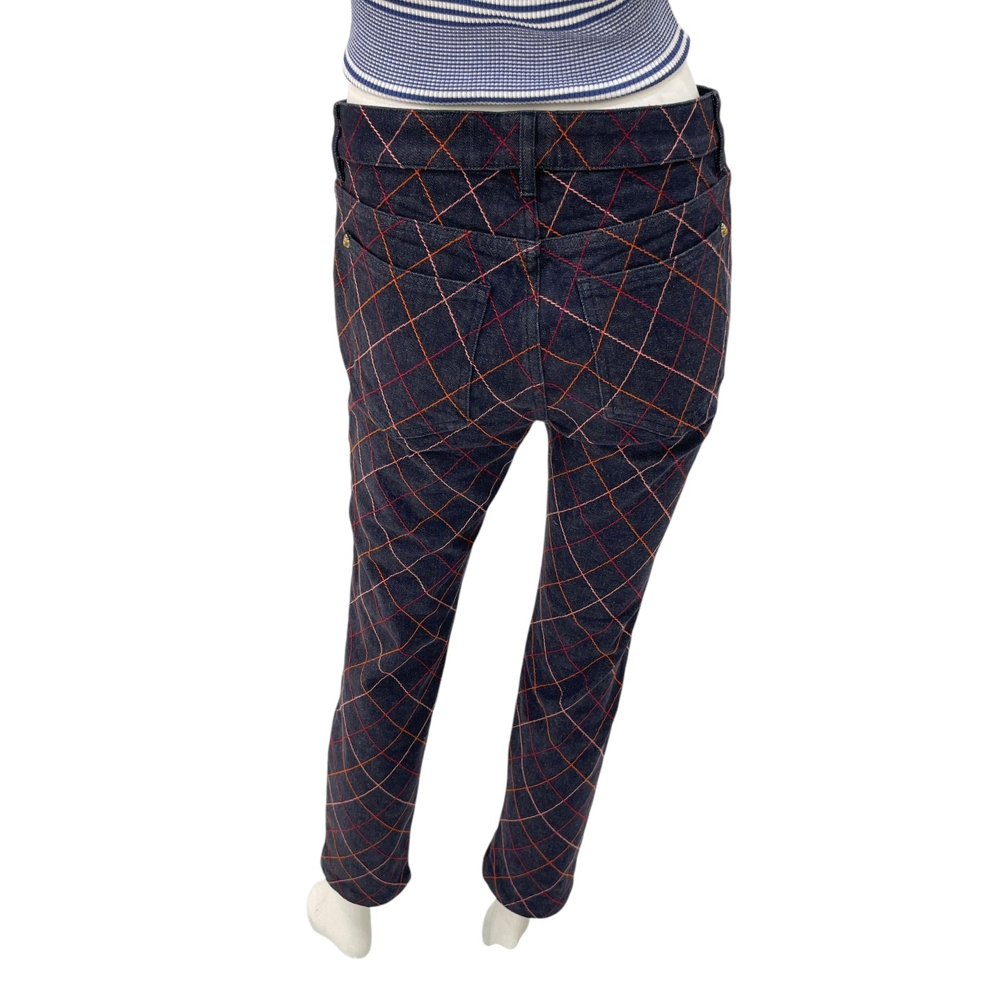17A 38 Blue Quilted Stretch Jeans with Leo Buttons in Cotton, Spandex, Gold hardware