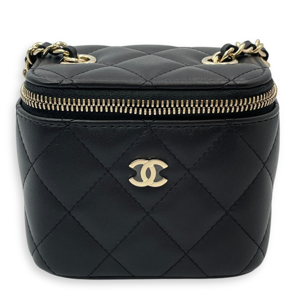 Vanity Mini Black Crossbody Bag in Lambskin, Gold hardware