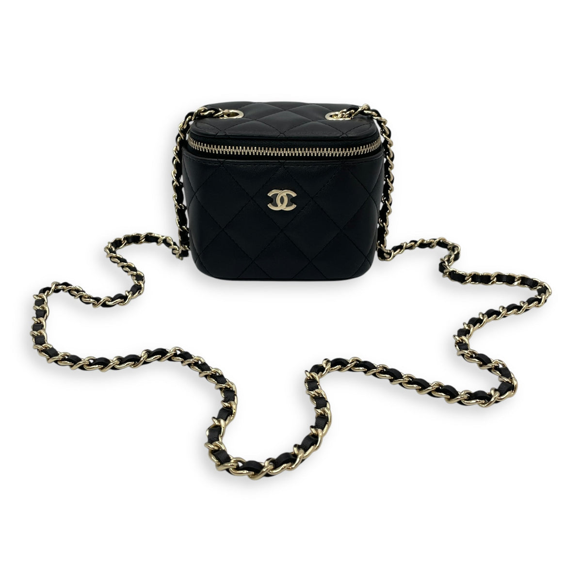 Vanity Mini Black Crossbody Bag in Lambskin, Gold hardware