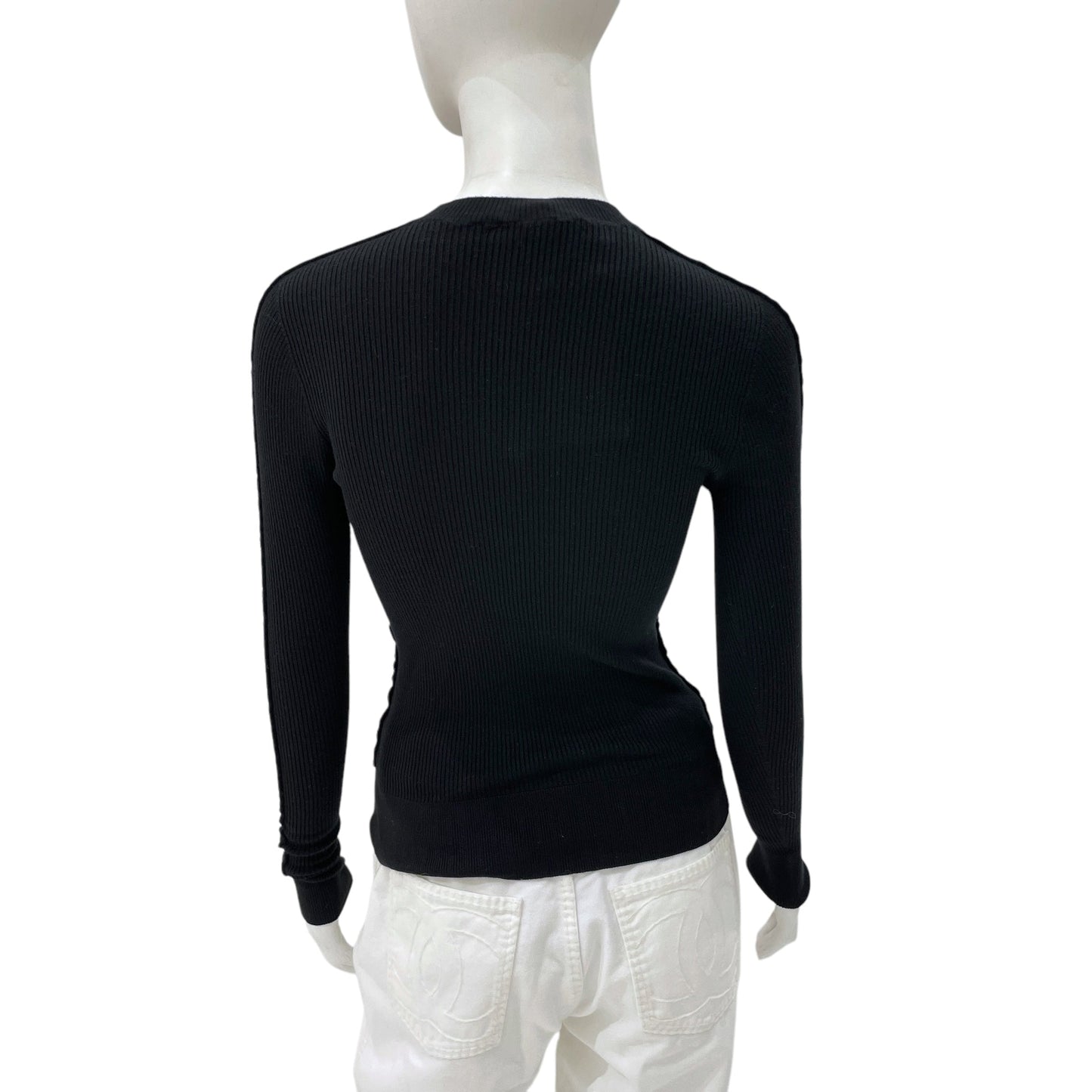 22A Double Pockets Pattern 34 Black Long Sleeve Pullover in Cashmere, Polyester, Silver hardware