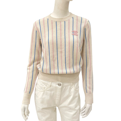 23P CC 34 White, Light Blue, Link Pink Striped Knitted Pullover in Cashmere, Elastane