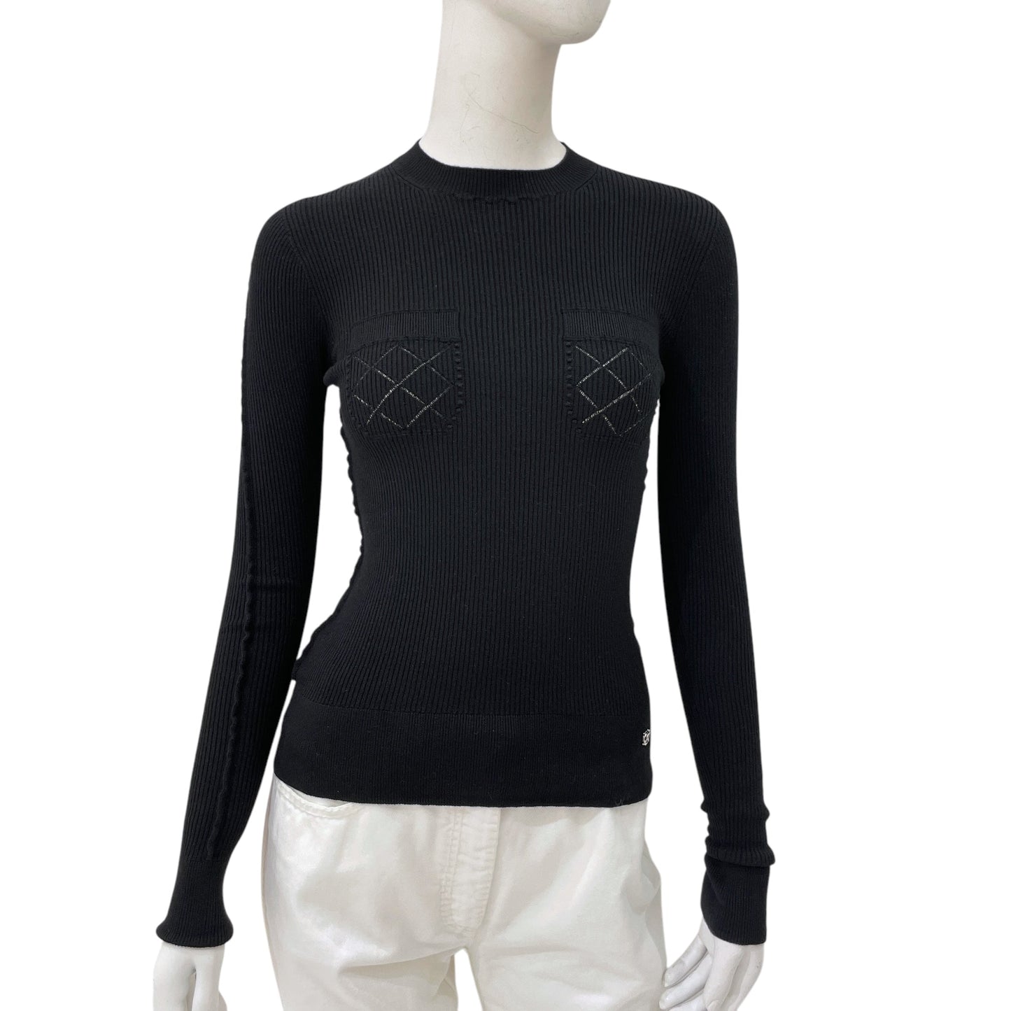 22A Double Pockets Pattern 34 Black Long Sleeve Pullover in Cashmere, Polyester, Silver hardware
