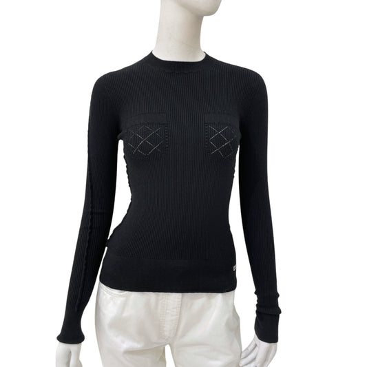 22A Double Pockets Pattern 34 Black Long Sleeve Pullover in Cashmere, Polyester, Silver hardware