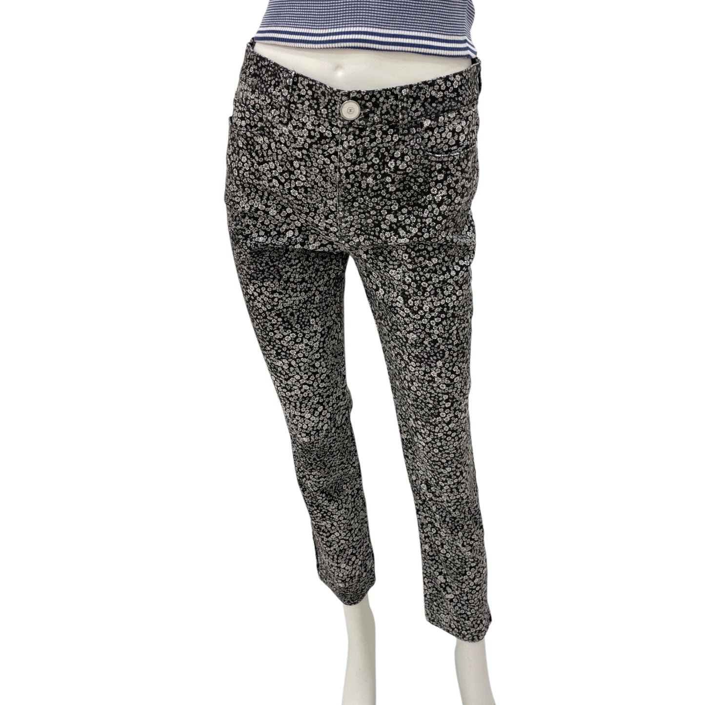 21B CC Logo & Camellia Print 38 Black Stretch Jeans in Cotton, Elastane, Polyester, Silver hardware