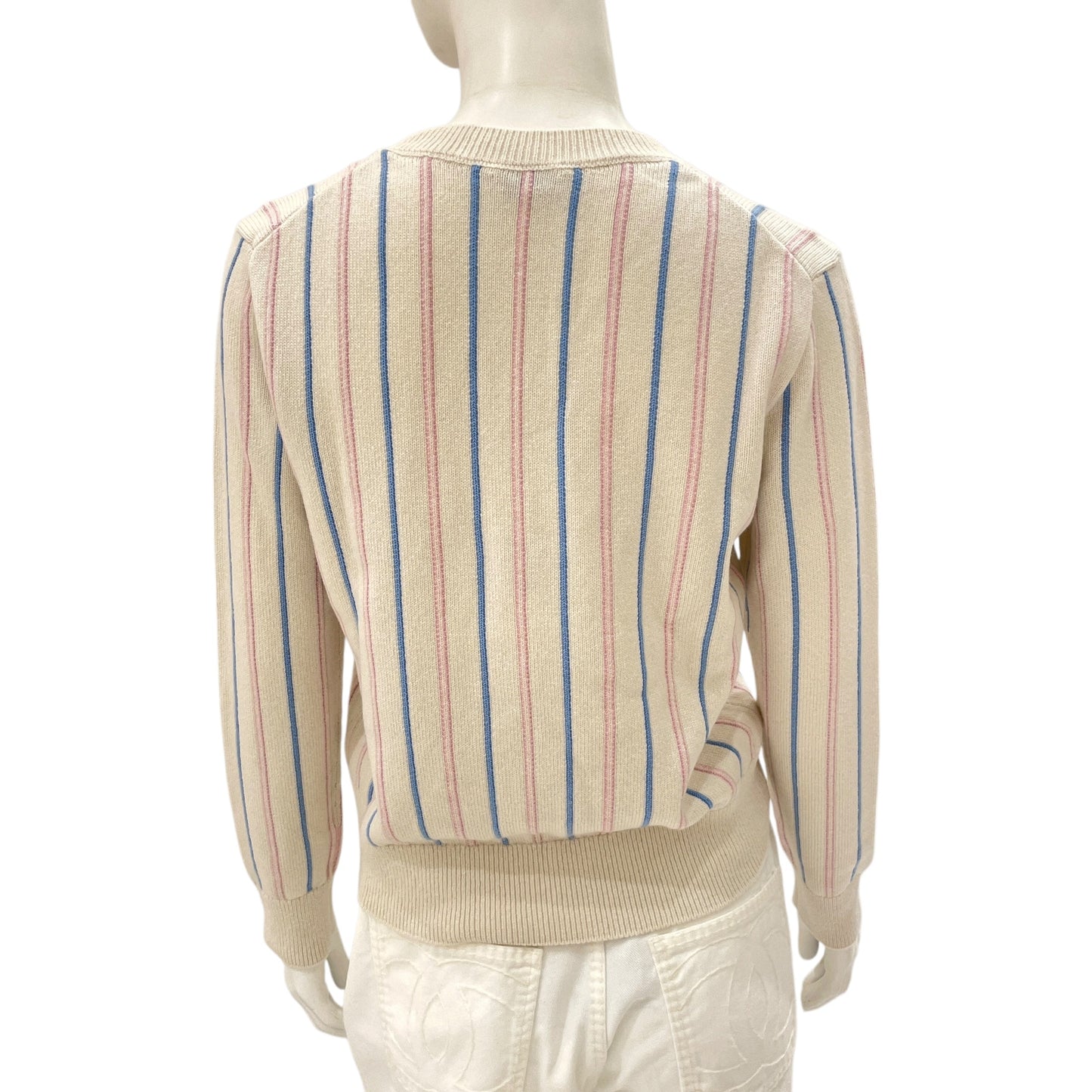 23P CC 34 White, Light Blue, Link Pink Striped Knitted Pullover in Cashmere, Elastane