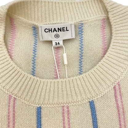 23P CC 34 White, Light Blue, Link Pink Striped Knitted Pullover in Cashmere, Elastane