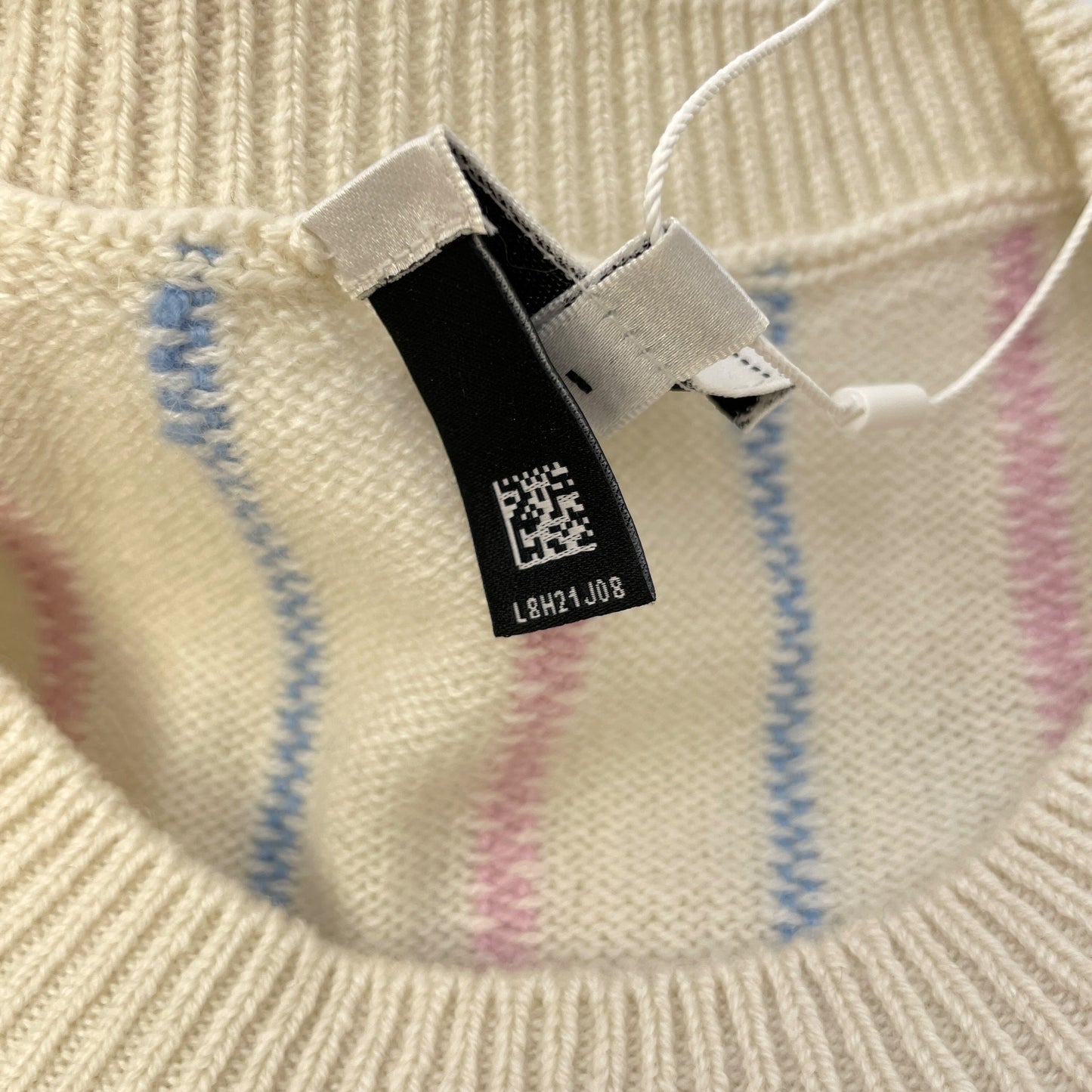 23P CC 34 White, Light Blue, Link Pink Striped Knitted Pullover in Cashmere, Elastane