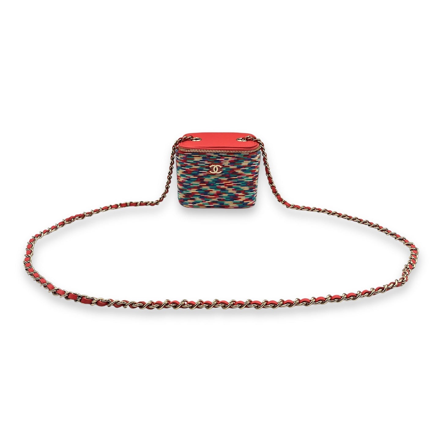 21P Vanity case with multi colour embroidered Red Clutch in Lambskin, Gold hardware
