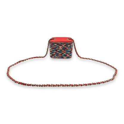 21P Vanity case with multi colour embroidered Red Clutch in Lambskin, Gold hardware
