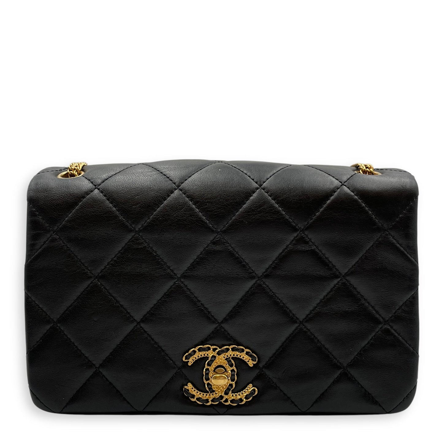 CC Flap Medium Black Shoulder Bag in Lambskin, Gold hardware